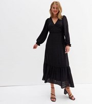 New Look Tall Black Check Seersucker Tiered Midi Wrap Dress